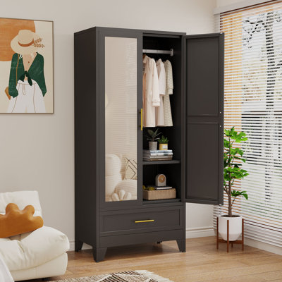 70.87"Tall Modern Metal Armoire Wardrobe Bedroom Clothing Storage With Mirror and One Drawer
