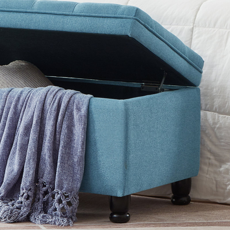 Banc de rangement rembourré capitonné à boutons, banc d'entrée en tissu de lin avec pieds en bois fuselés, banc de lit - bleu clair