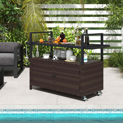 Outdoor Bar Cart With Tempered Glass Top Storage Cabinet & 8 Hooks For Porch