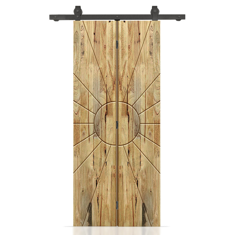 Porte de grange pliante en bois de pin avec quincaillerie coulissante, 34 po x 80 po, Chêne vieilli