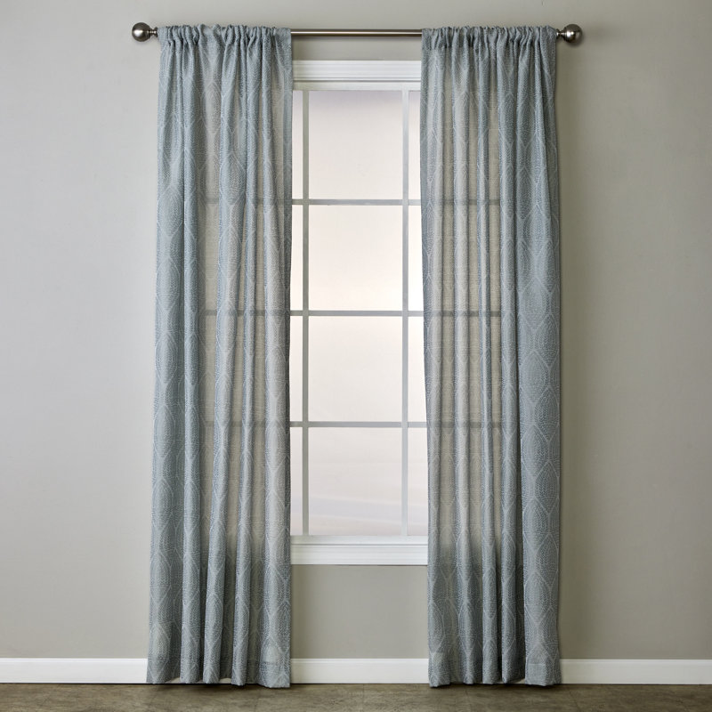 Blue Damask Light-Filtering Polyester Rod Pocket Curtain Panel