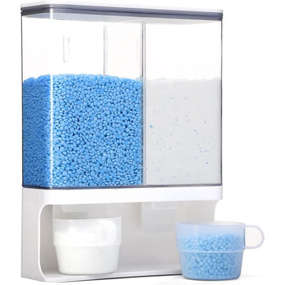 Distributeur de détergent à lessive transparent avec deux compartiments et une tasse à mesurer