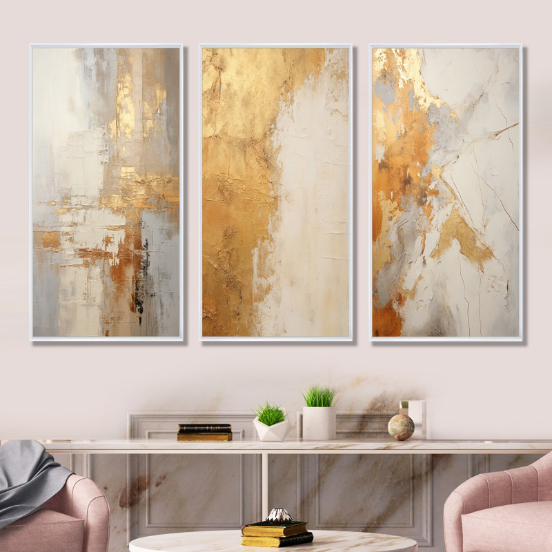Ensemble de 3 décorations murales abstraites dorées et blanches, Cadre flottant blanc, H 32 po x l 48 po