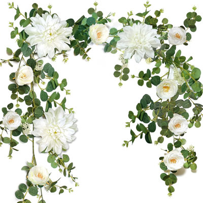 70.9 Inch Artificial Flower Garlands, Rose Flower Vine, Artificial Eucalyptus Garland With Flowers,  Floral Garland For Wedding Decor Home Table Runner Mantle (White)