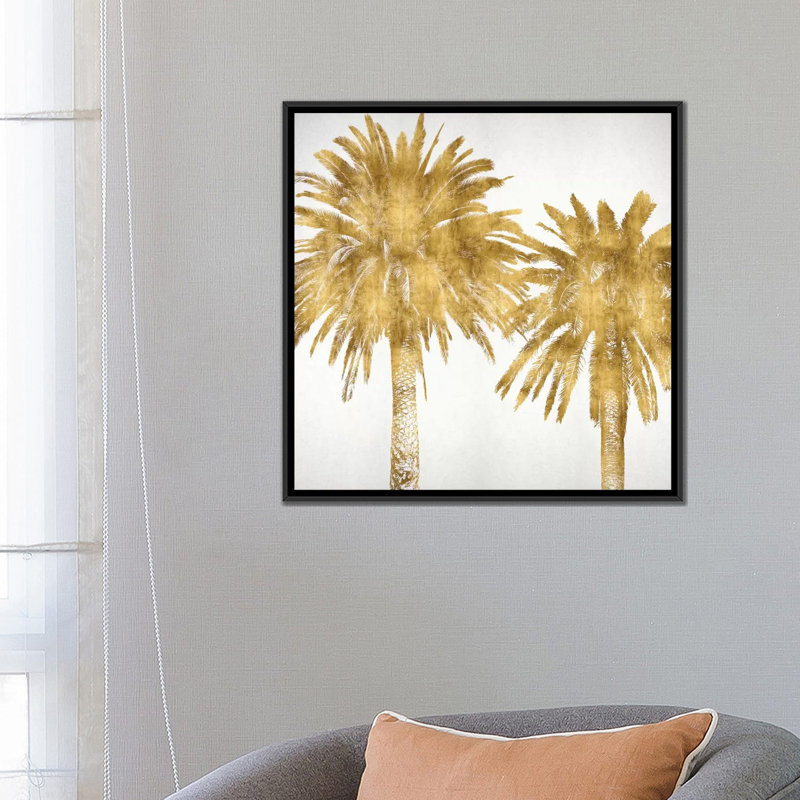 «Palms in Gold IV», impression sur toile, H 26 po x l 26 po x P 1,5 po, Toile avec cadre noir, Pas de tapis