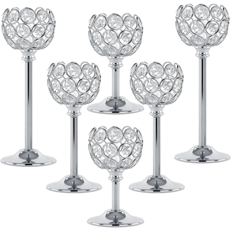 Set Of 6 Silver Crystal Candle Holders