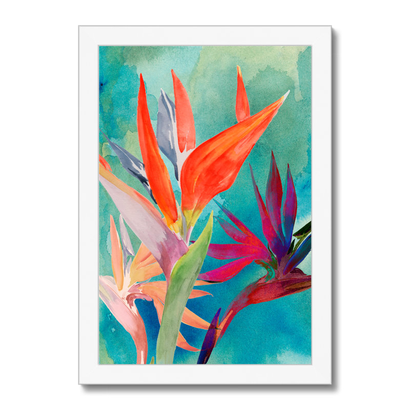 Vivid Birds of Paradise I by Jennifer Paxton Parker - Painting, 50cm H x 34cm W, White Single Picture Framed Paper