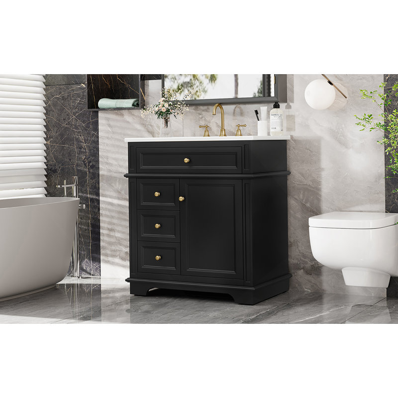 Meuble-lavabo de salle de bain avec lavabo, plusieurs tiroirs et tablette de porte, fonction de fermeture en douceur, idéale pour organiser vos articles de salle de bain essentiels