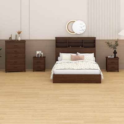 Queen Size Wooden 4PCS Bedroom Set – Bed Frame (Storage Headboard & Charging Station), 2 2-Drawer Nightstands & 1 5-Drawer Dresser by Latitude Run