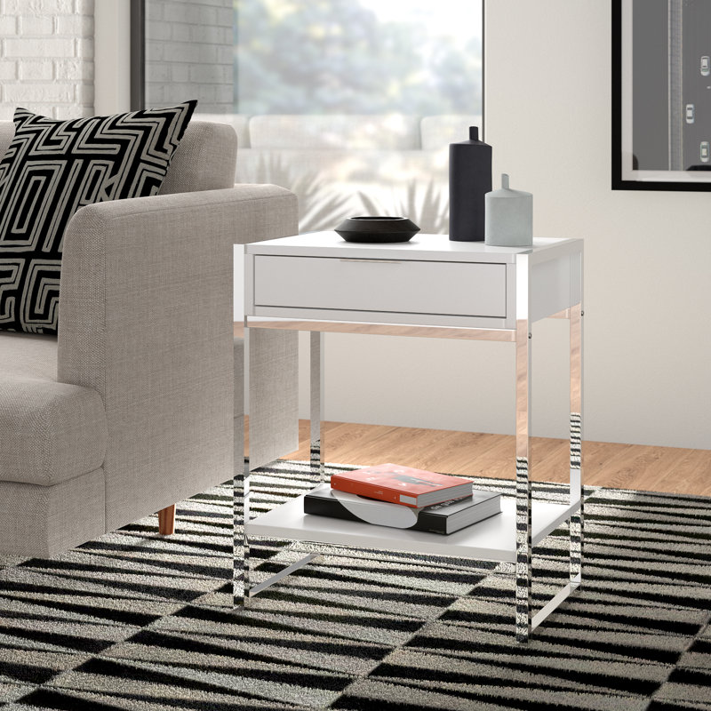 Hemy Accent Side End Table, Drawer, 1 Shelf, 20 Inch, Metal, Chrome, White