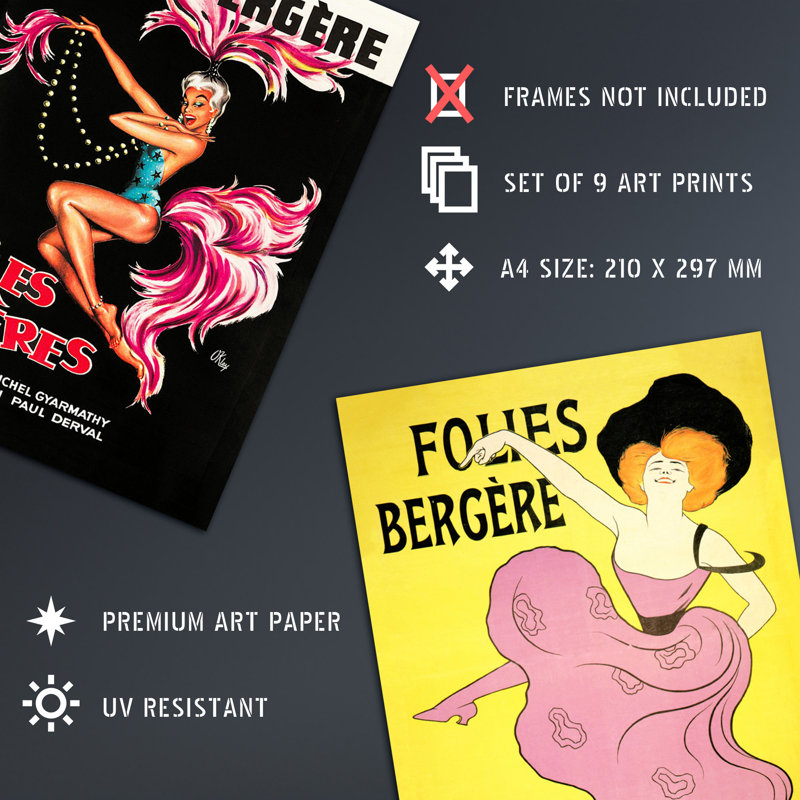 Vintage Folies Bergère Cabaret Music Hall 9-Piece Set Unframed Wall Art Prints Bathroom Bedroom Aesthetic French Advertising Paris France