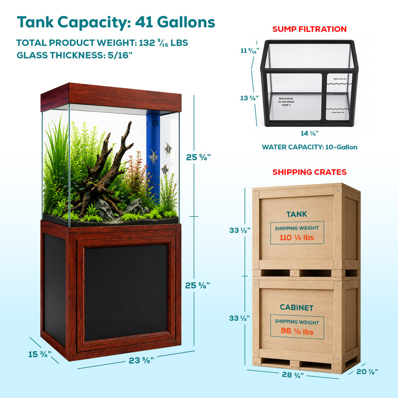  Aquarium d'eau douce 40 gallons avec armoire en aluminium - Système d'aquarium tout-en-un avec filtration de puisard intégrée et éclairage à DEL en séquoia