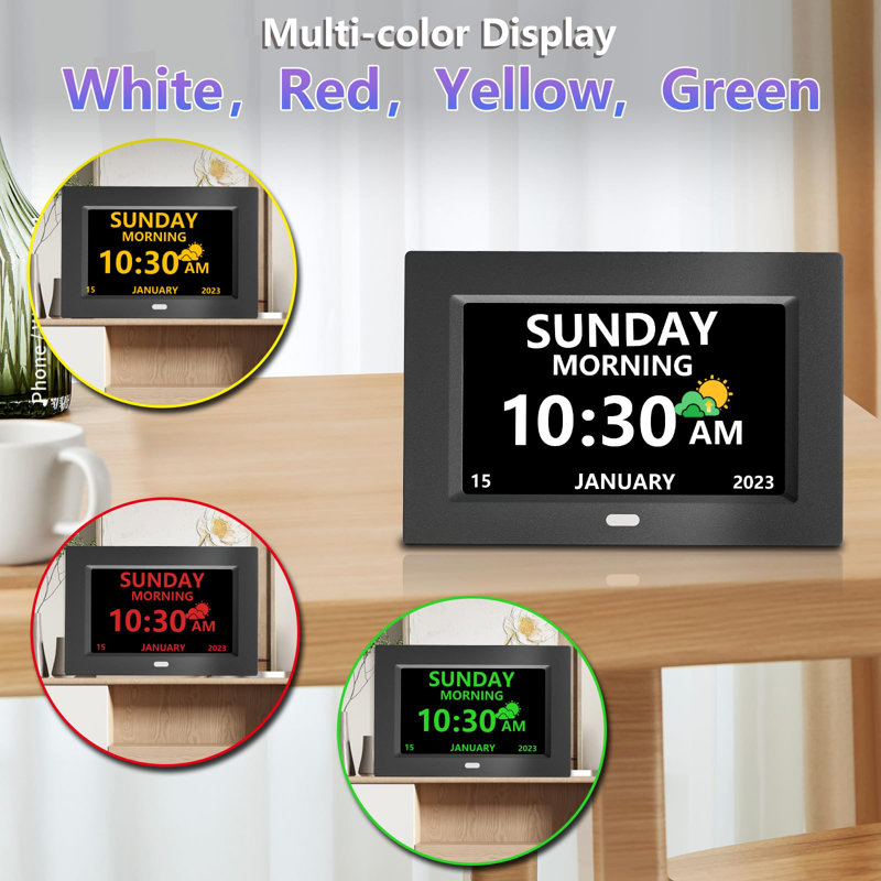 7 Inch Clock With Date And Day Of The Week For Seniors, Large Display Digital Clock, 3 Display Modes