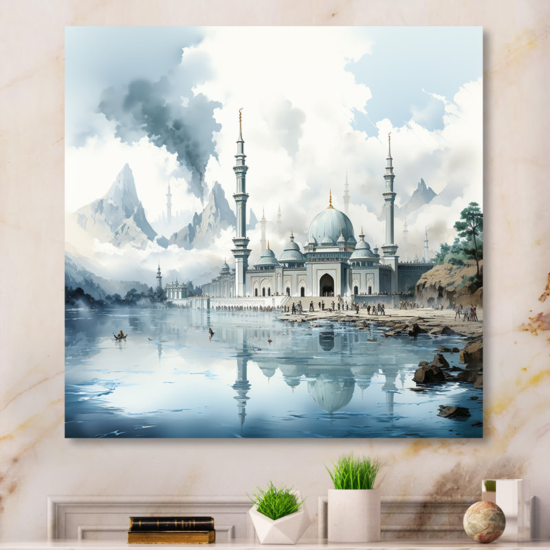 «Mosquée blanche et bleue» - Art mural, Toile tendue, H 30 po x l 30 po x P 1,5 po