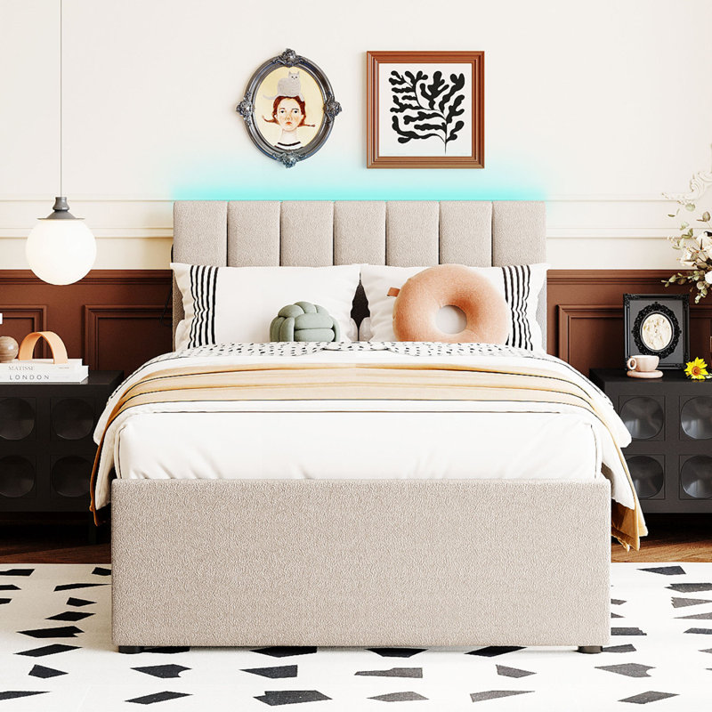 Lit plateforme tapissier Teddy, Beige, Simple