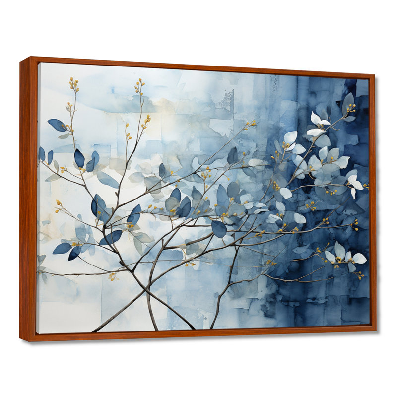 Art mural bleu et gris sur une branche I - Feuilles, H 30 po x l 40 po x P 1,5 po, Cadre flottant brun