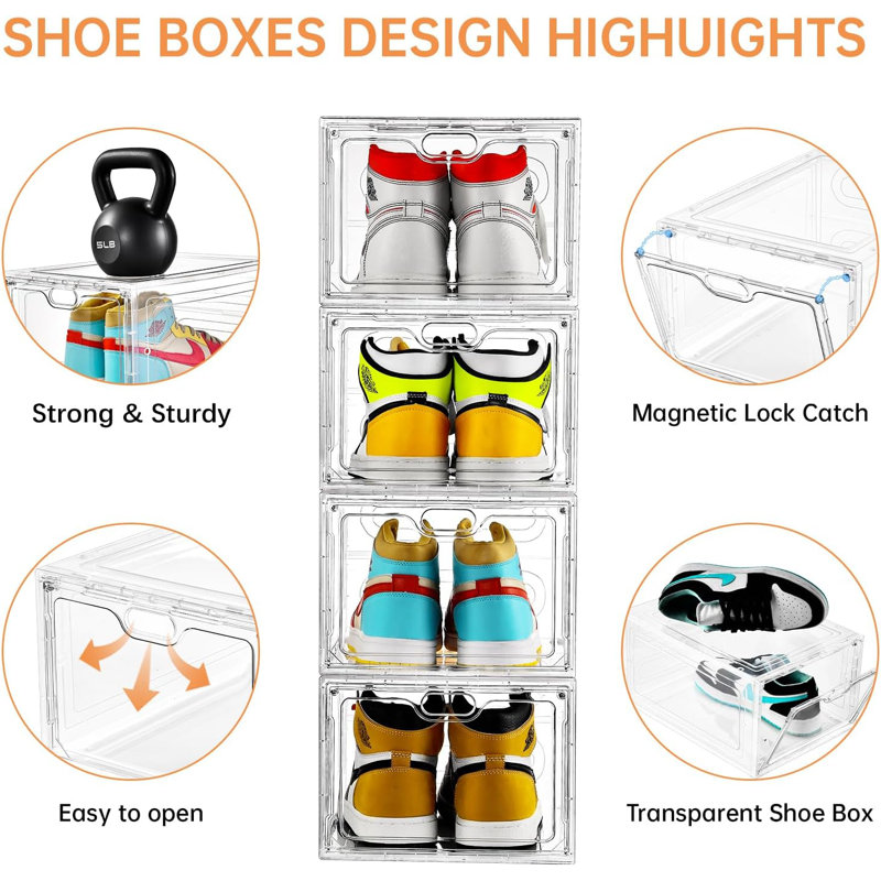 6 Pack Clear Stackable Shoe Storage Box With Magnetic Door - Shoe Organizer For US Size 12