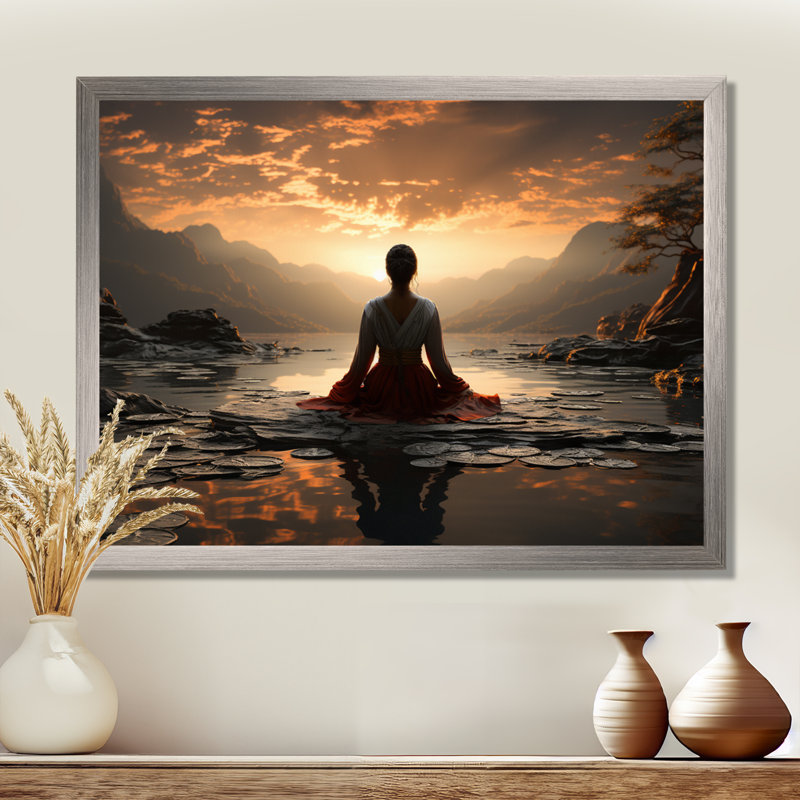 «Black Peach Meditation Eernal Now», reproduction d'art sur toile encadrée, H 16 po x l 32 po x P 1 po, Cadre simple argenté