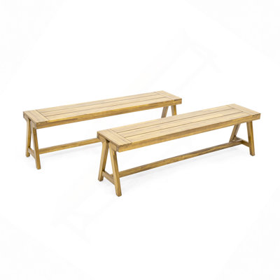 Outdoor/Patio Dining Benches (Set Of 2), Contemporary Acacia Wood Outdoor/Patio Bench With Teak Finish - All-Weather Garden, Deck, Poolside Seating