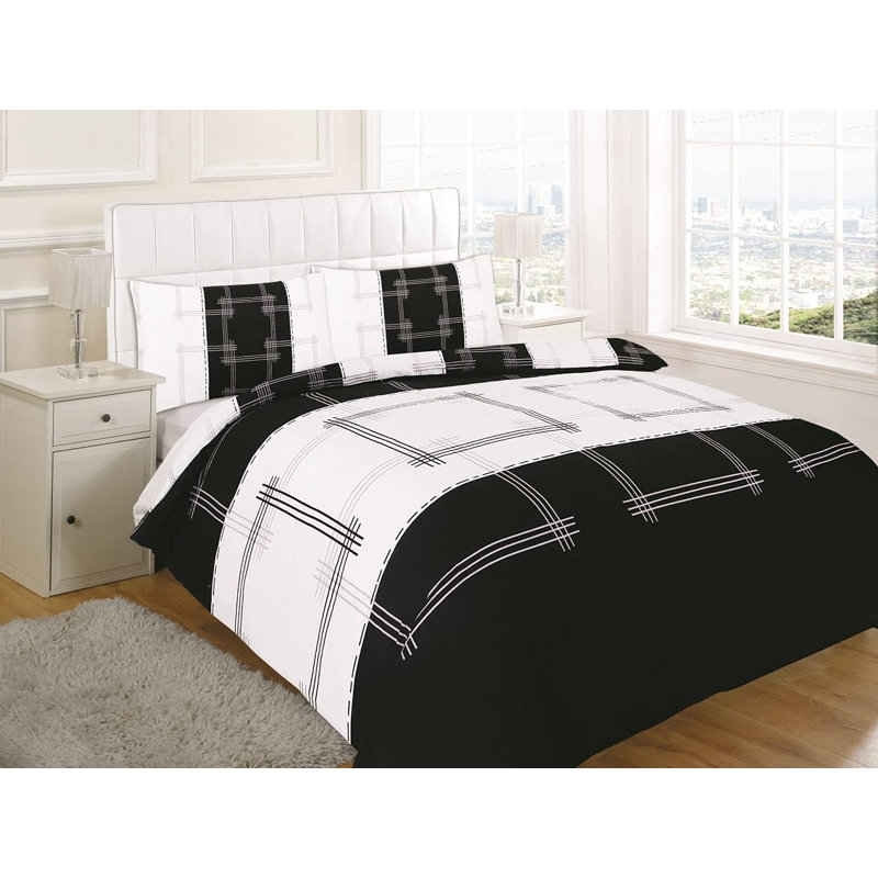 NZ Cotton Blend Plaid Duvet Cover Set with Pillowcases, Super King, Black