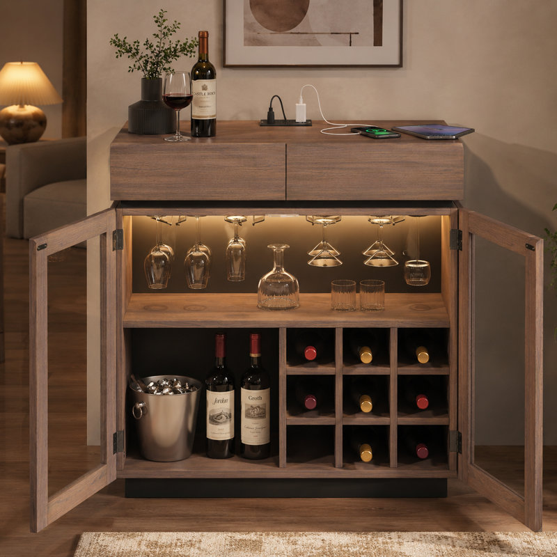 Mini Wine Bar Cabinet With Led Lights, Wine Storage Cabinet With Removable Wine Rack, Glass Holders, 2 Drawers, Charging Ports, Modern Bar Coffee Station Whiskey Liquor Cabinet For Home And Office