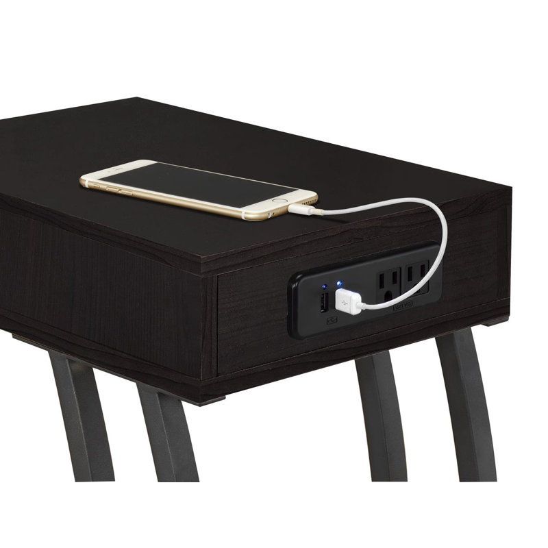 Lunardi C - Shaped End Table with Built-In Outlets, Espresso Wood