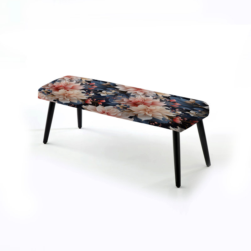 Mystic Aura Pink And Beige Floral Delight - Floral Upholstered Black Bench