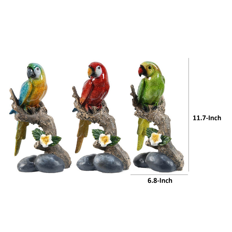 Figurine perroquet ara tropical sur branche, vert, rouge, bleu, ensemble de 3 pièces