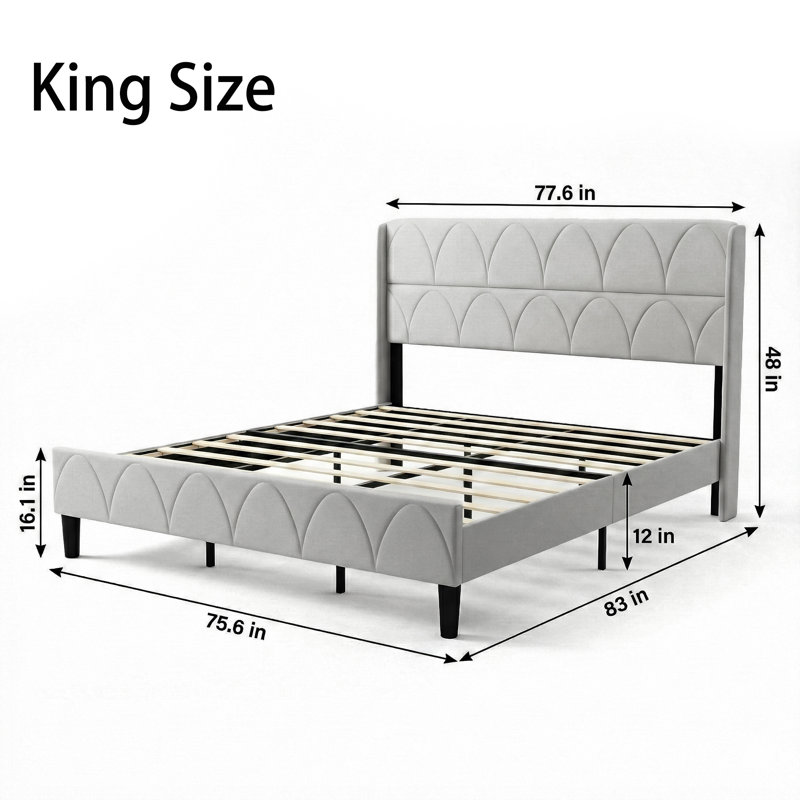 Velvet Upholstered Bed with Wingback Headboard, Gray, King