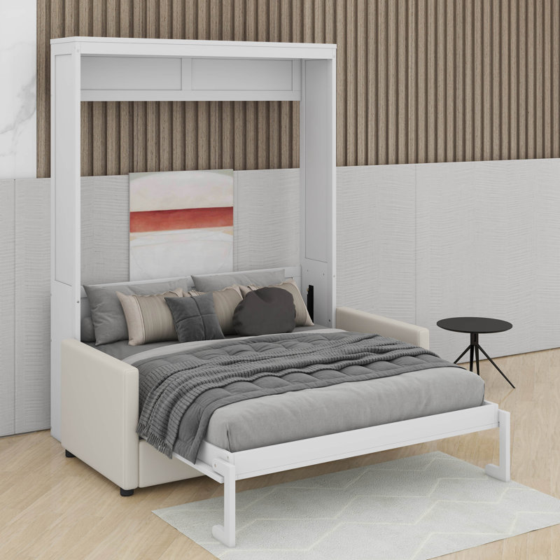 Lit escamotable double pleine grandeur avec coussin, Blanc
