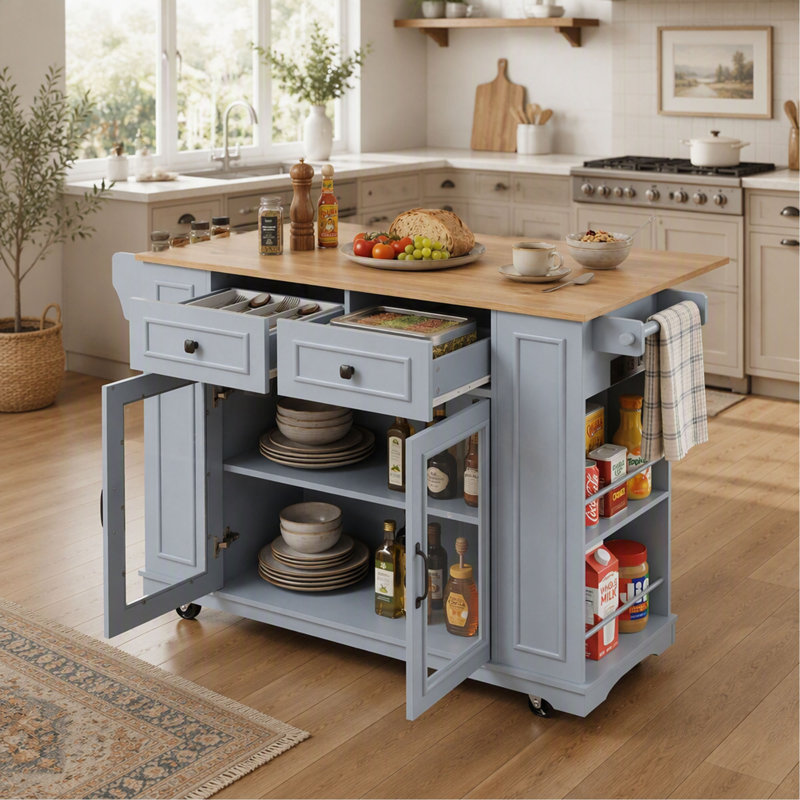 Îlot de cuisine mobile de 54 po avec porte vitrée, prise de courant et tablettes ouvertes, chariot de cuisine roulant avec porte-serviettes, support à épices et porte-couteaux, table de préparation fonctionnelle pour la cuisine, la salle à manger
