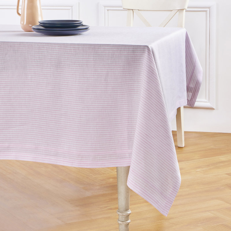 100% Pure Linen Tablecloth, Pink/White, 132" L x 60" W, Narrow Stripe