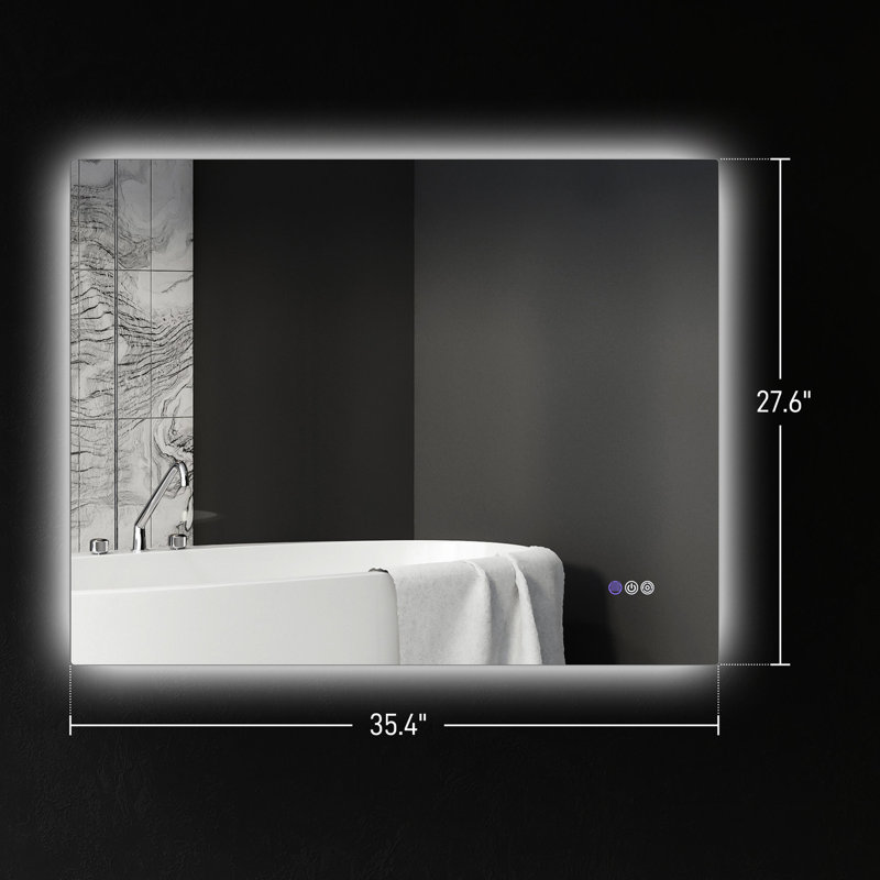 Miroir de salle de bain 35 po x 28 po à DEL, brouillard, luminosité réglable, température de couleur réglable, mémoire, fixation murale, horizontal / vertical, Cri90 +, -résistant, imperméable, miroir en aluminium avec DEL, fonction de brouillard,