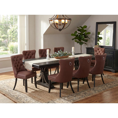 9-piece Dining Room Set includes a breakfast table and 8 Burgundy Polyester Fabric dining chairs with Button Tufted Back, 44x100 Inch, Sand Blasting Black