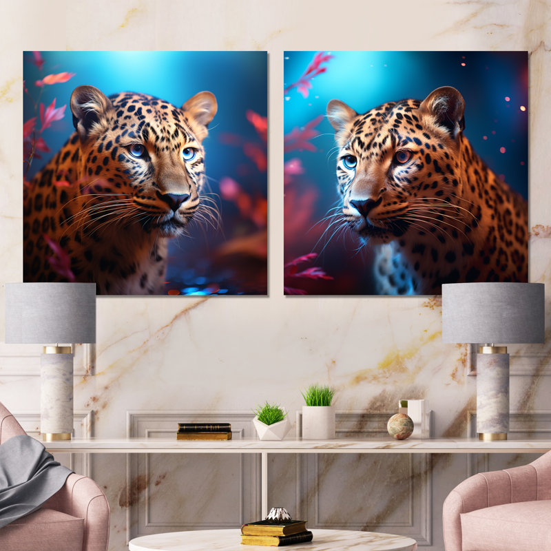 «Blue and Golden Leopard Portrait I», ensemble d'art mural sur toile léopard, Toile tendue, H 16 po x l 33 po x P 1 po