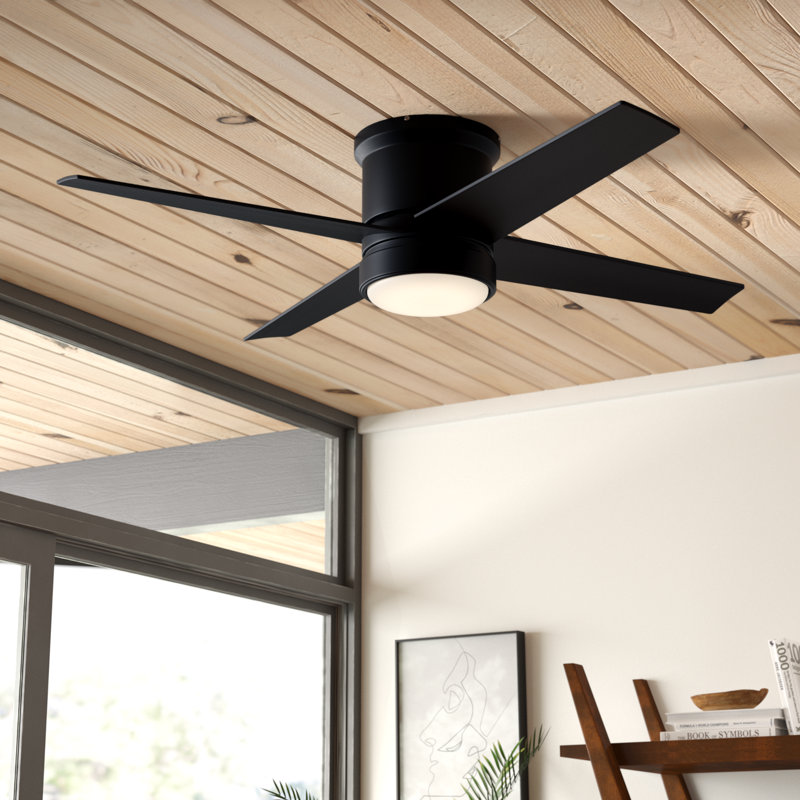 Aniss 52 in. Black Indoor Outdoor Low Profile Flush Mount Transitional Ceiling Fan with Reversible Black-Weathered Gray Blades, Dimmable Integrated LED Light Kit and Remote Control Included, 3 Speeds