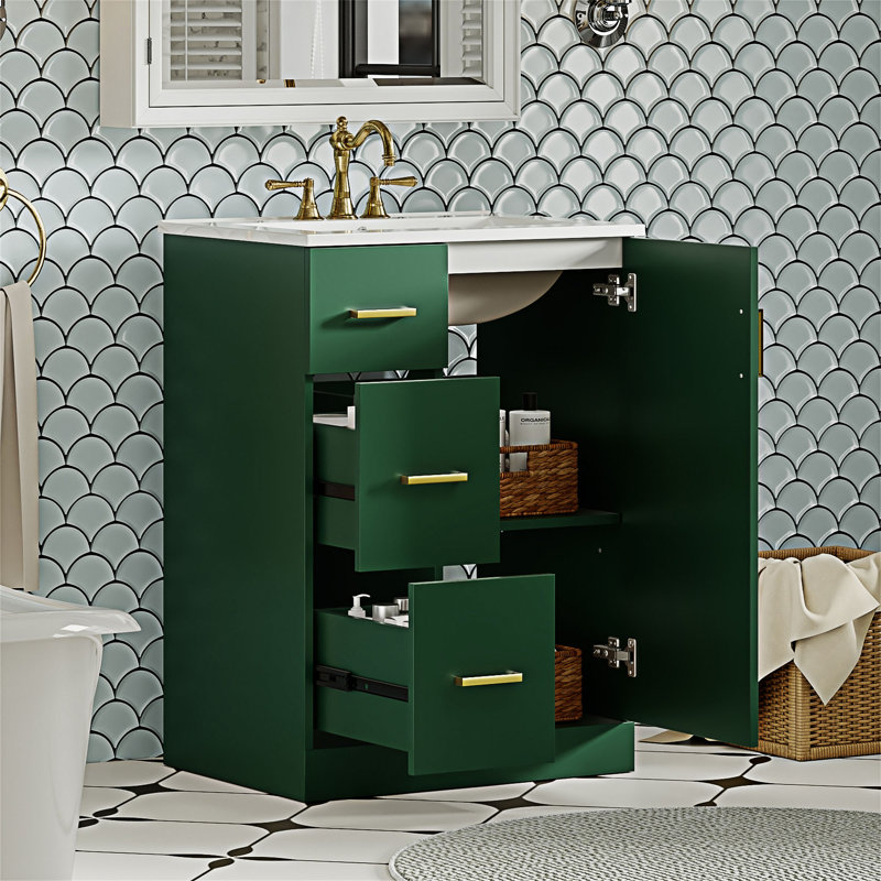 Meuble-lavabo de salle de bain avec lavabo, Vert, Doré