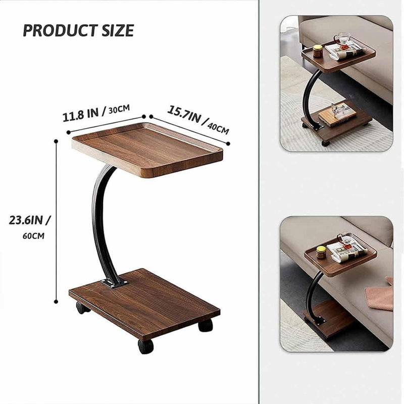 Ensemble de 1 table d'appoint pivotante à 360 degrés en bois de noyer avec plateau pivotant et roulettes pour table basse en C pour le salon et la chambre à coucher