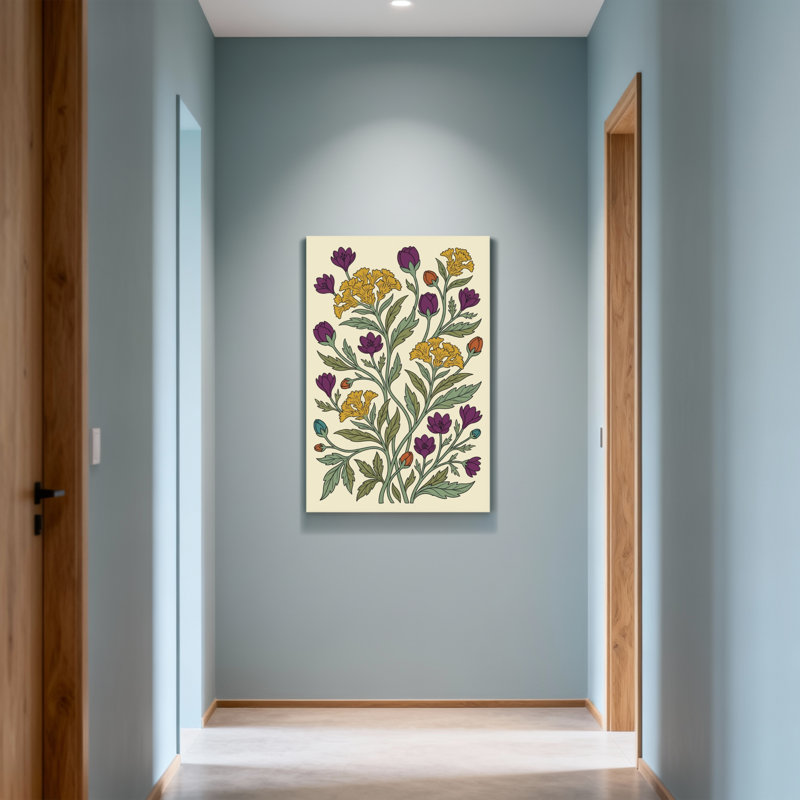 Motif floral de plantes et de fleurs avec des fleurs mauves et jaunes, H 18 po x l 12 po