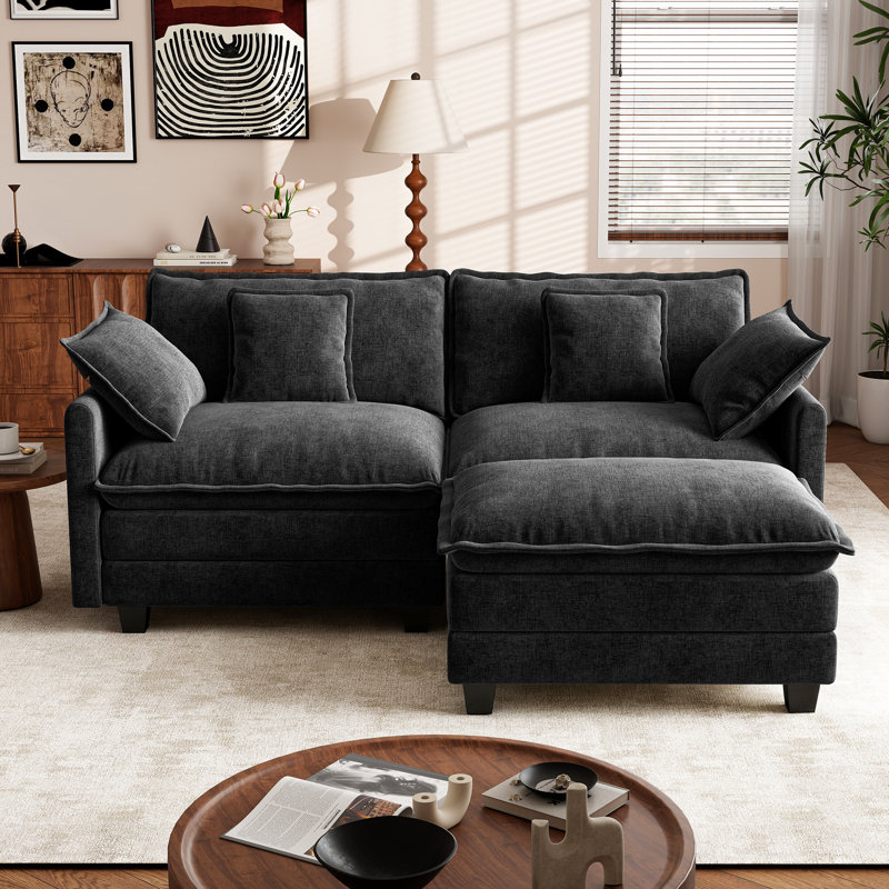 George 76.8" Modern 3 Seat Chenille L Shaped Modular Sectional Sofa With Ottoman, Black Chenille