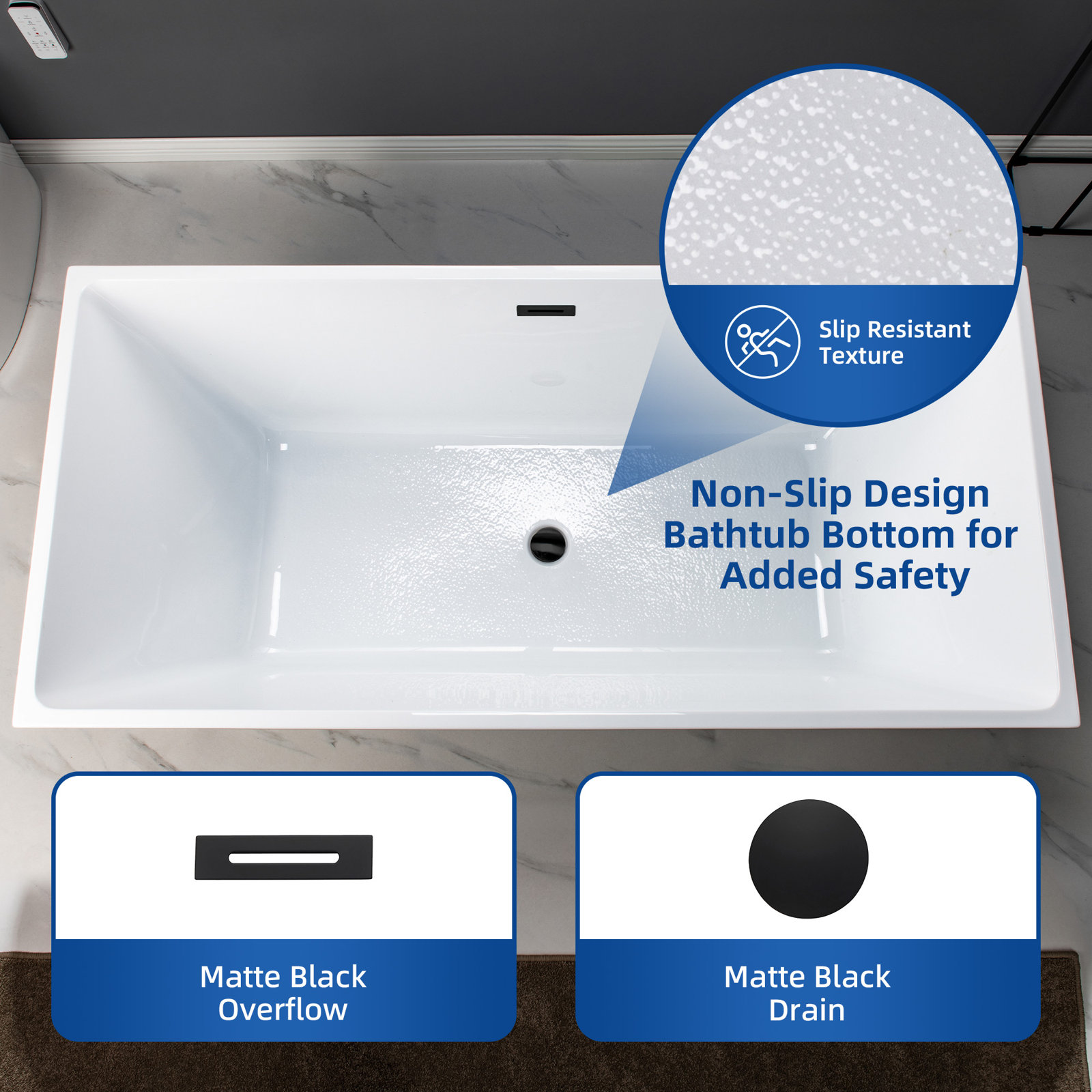 Echo 67" Freestanding Soaking Acrylic Bathtub, Glossy Black, Matte Black