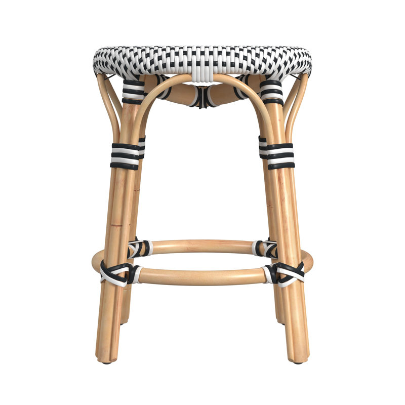 Tobias Rattan Dining Short Stool, White/Black Dot/Natural Rattan Frame