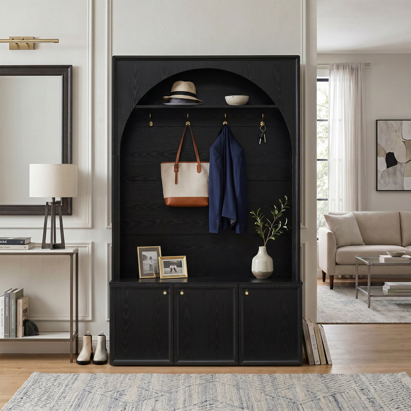 Farmhouse Hall Tree Fits Mudroom Living Room Use with Arched Design, Adjustable Shelves & 4 Hooks, Black