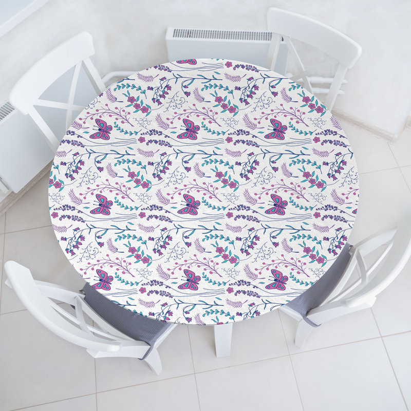 East Urban Home Spring Fitted Round Tablecloth Dark Turquoise Dark Blue 71111, 64.17'' Round