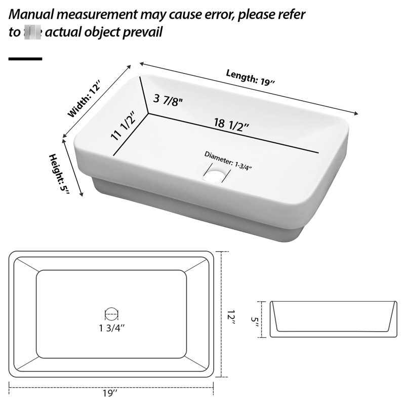 Lavabo de salle de bain en céramique blanche de 19 po x 12 po, conception de cuve de comptoir, pour les acides et les taches, installation sans effort, bonde allongée standard de 12 po x 19 po, construction, faible absorption d'eau, nettoyage simple