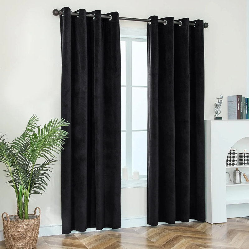 Crushed Velvet Eyelet Ready Made Thermal Drapes & Curtains (Set of 2), Black, 117cm Width x 137cm Drop