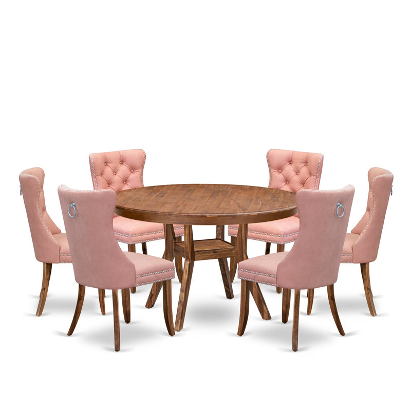 5-Pc Room Set Contain a Wooden Dining Table and 4 Beige Red Polyester Fabric Parson Dining Chairs with Button-Tufted Back, Antique Walnut