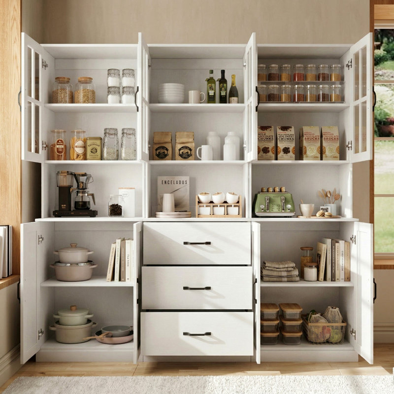  Garde-manger H 71 po x l 71 po avec bibliothèques, huche de porte en verre avec tiroir et comptoirs spacieux (ABA), blanc