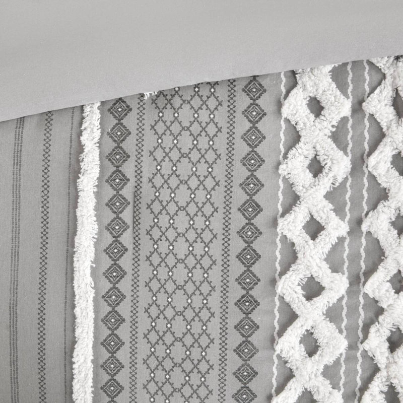 Ensemble d'édredon imprimé en coton avec chenille gris double / grand, Édredon grand et 2 taies décoratives, Gris
