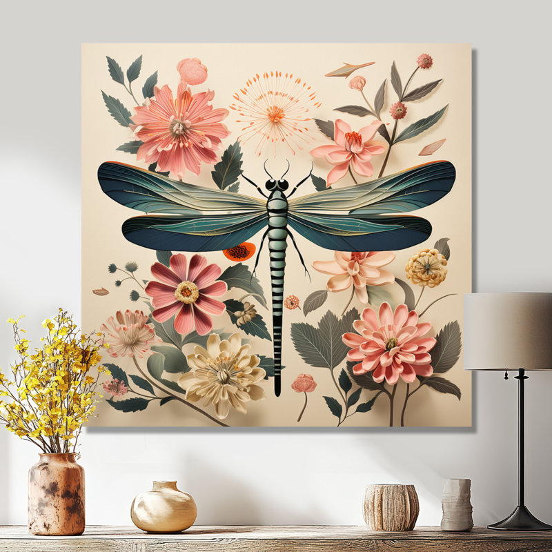 Illustration rétro de libellule vert rose - Libellule, art mural, Sans cadre, métal, H 30 po x l 30 po